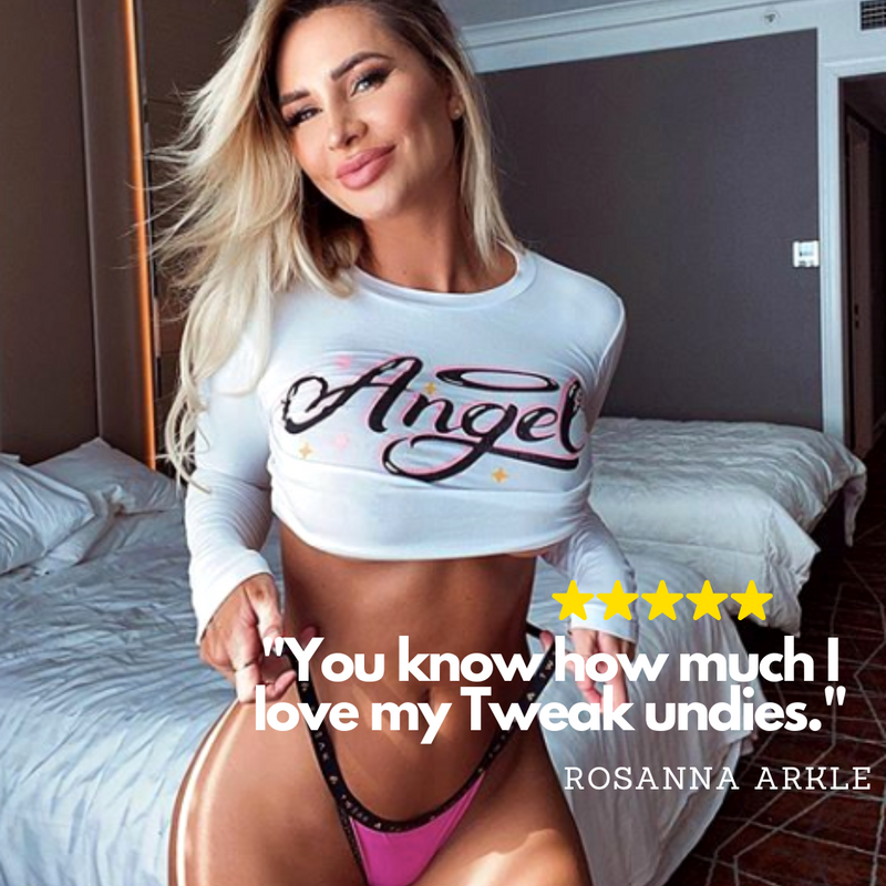 Tweak Me Online customer review 5 stars Rosanna Arkle wearing pink seamless bamboo underwear